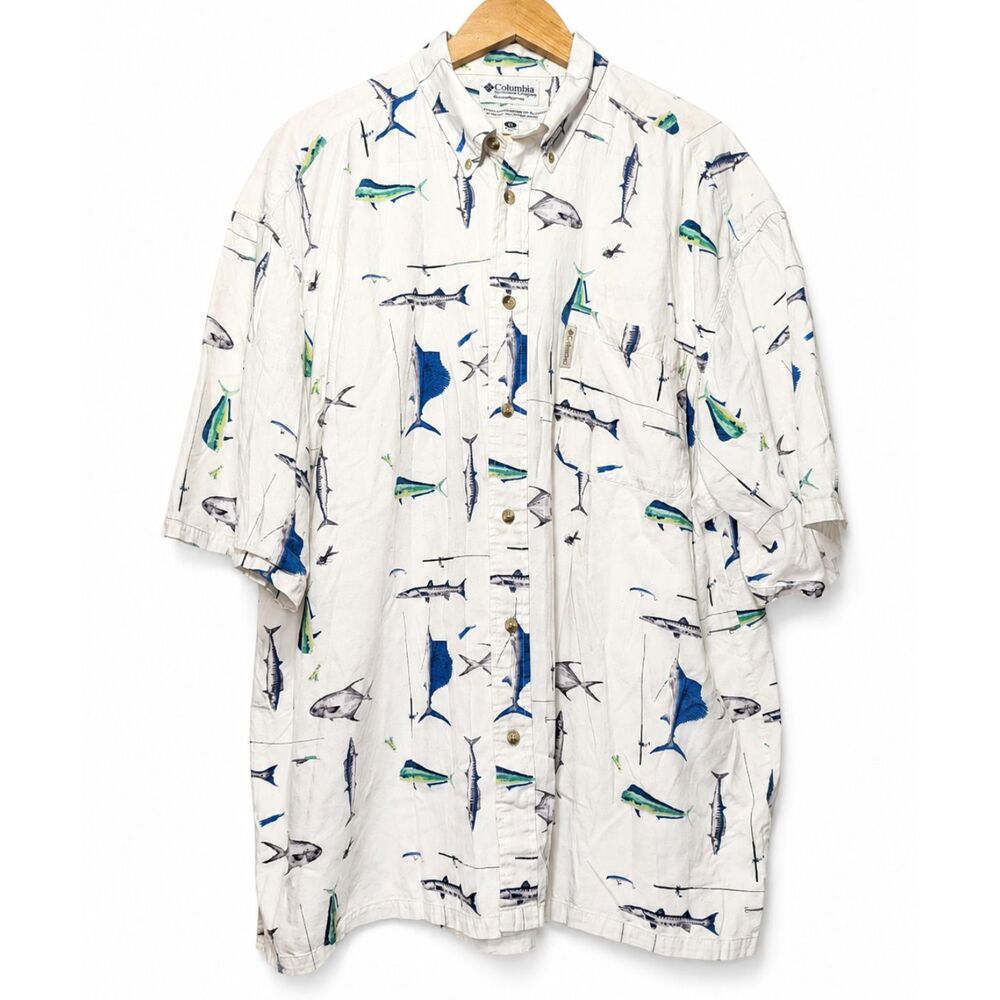 Vintage Columbia Sportswear XXL Fish Print Fishing Shirt Short Sleeve Y2K